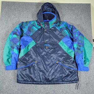 Vintage 90s FILA Italia Ski Team Quarter Zip Graphic Puffer Jacket‎ Blue Mens XL